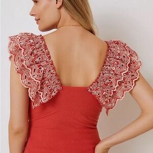 ✨ Anthropologie By Anthro Ruffled Eyelet Ribbed Tank - Terracotta